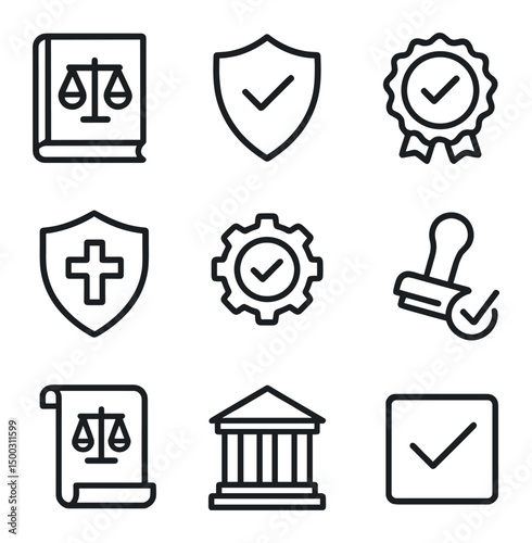 Regulatory Compliance Icons. Outline icon set of regulatory compliance and ethics: law book, liability shield, certification badge
