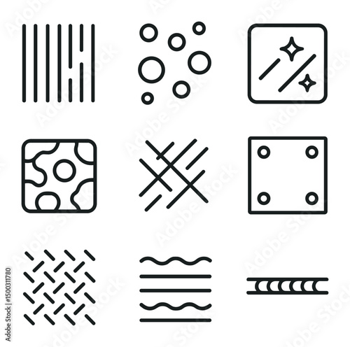 Metal Surface Icon Set. Outline icon set of metal surface finishes: brushed metal lines, rust spots, polished reflection, hammered