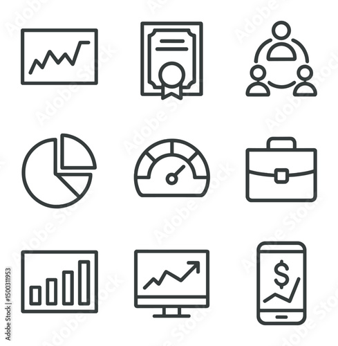 Retirement Investment Icons. Outline icon set of retirement investment portfolio: stock chart, bond certificate, mutual fund icon,