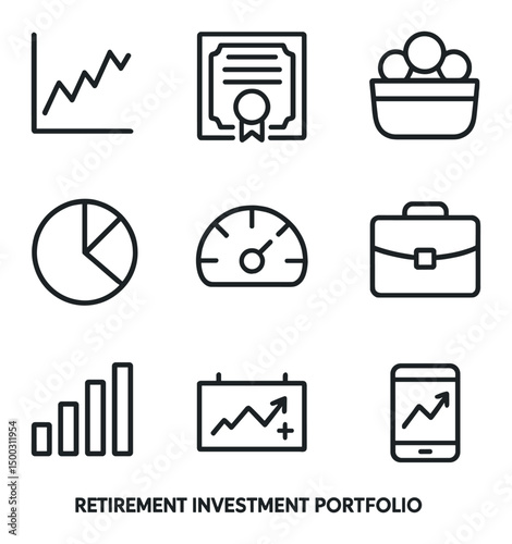 Retirement Investment Icons. Outline icon set of retirement investment portfolio: stock chart, bond certificate, mutual fund icon,