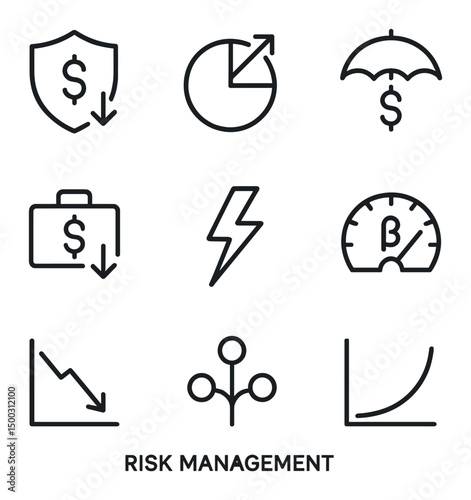 Risk Management Icons. Outline icon set of risk management: stop-loss shield, position sizing chart, hedging umbrella, portfolio