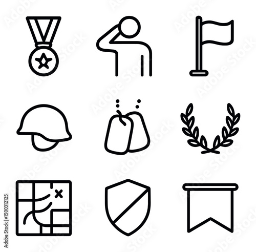 Military Icon Set. Outline icon set of military unit mission success: medal ribbon, salute silhouette, flag raised, helmet icon,