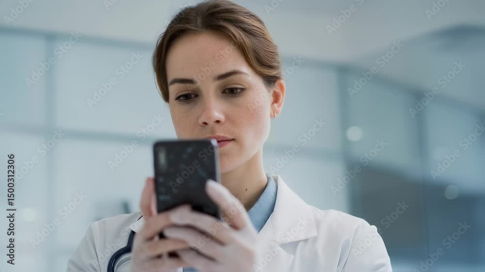 Female medical professional wearing white coat and protective gloves navigating smartphone while standing in hospital hallway, accessing patient information through digital healthcare technology