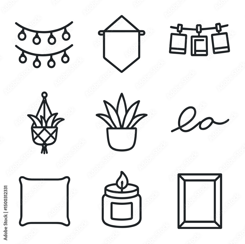 Room Décor Icons. Outline icon set of room décor: fairy string lights, wall tapestry, polaroid display, macramé plant hanger,