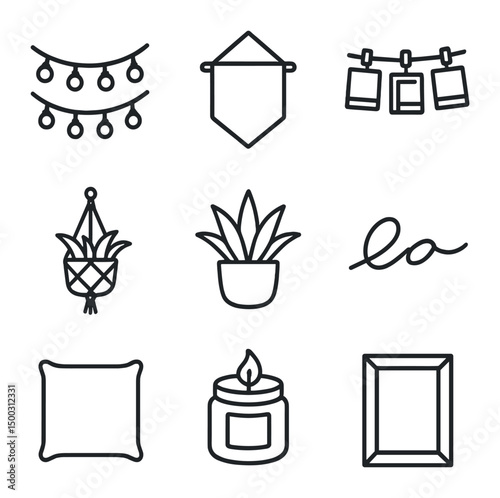 Room Décor Icons. Outline icon set of room décor: fairy string lights, wall tapestry, polaroid display, macramé plant hanger,