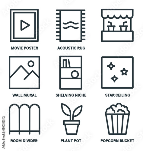 Room Décor Icon Set. Outline icon set of room design and décor accents: movie poster frame, acoustic rug, concession stand sign,
