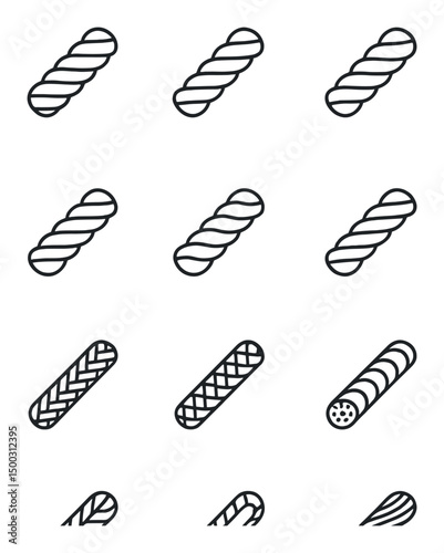 Rope Types Icons. Outline icon set of rope types: manila rope, sisal rope, nylon rope, polyester rope, polypropylene rope, hemp