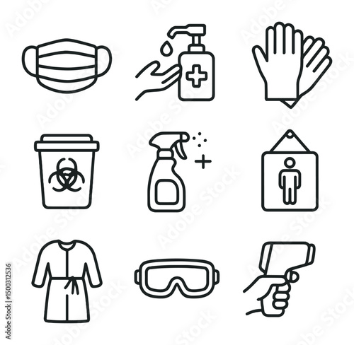 Safety Icons Grid. Outline icon set of safety and infection control: face mask, hand sanitizer, gloves, biohazard bin,