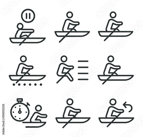 Rowing Drill Icons. Outline icon set of training drills: pause drill, pick drill, arms-only drill, legs-only drill, power ten,