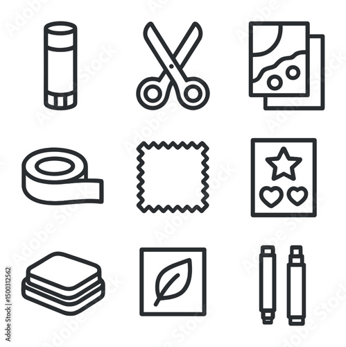 Mixed Media Icons. Outline icon set of mixed media materials: glue stick, scissors, collage paper, washi tape, fabric swatch,