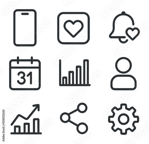 Mobile Maternity Icons. Outline icon set of mobile maternity apps: smartphone, app icon with heart, push notification, calendar