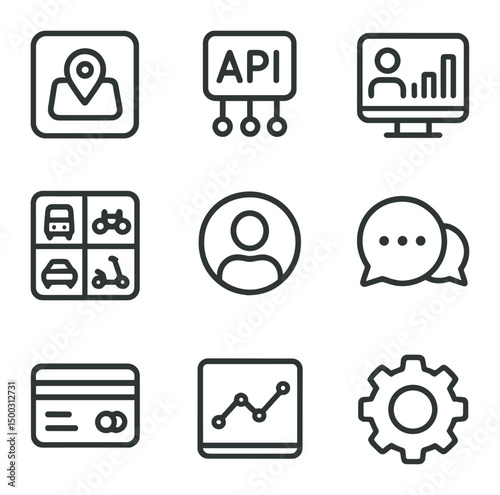 Mobility Platform Icons. Outline icon set of Mobility-as-a-Service platforms: platform icon, API integration, user dashboard,