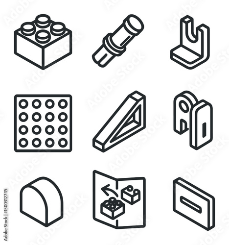 Modular Construction Icon Set. Outline icon set of modular construction kit assembly: interlocking block, connector pin, panel
