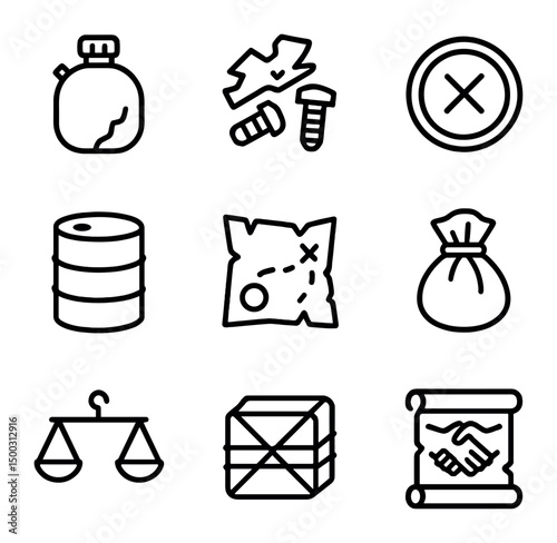 Scavenger Economy Icons. Outline icon set of scavenger economy items: rusted canteen, scrap metal pile, barter coin, fuel drum,