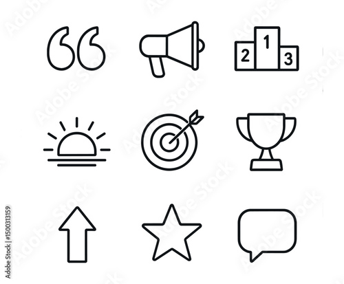 Motivational Icons Grid. Outline icon set of motivational quote posters: quotation marks, megaphone, podium, rising sun, target