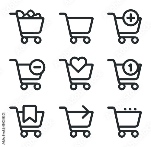 Shopping Cart Icons. Outline icon set of shopping cart actions: full cart, empty cart, add to cart, remove from cart, saved items,