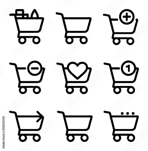 Shopping Cart Icons. Outline icon set of shopping cart actions: full cart, empty cart, add to cart, remove from cart, saved items,