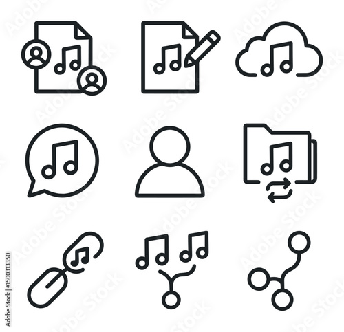 Music Collaboration Icons. Outline icon set of music collaboration: shared project, real-time editing, cloud storage, version