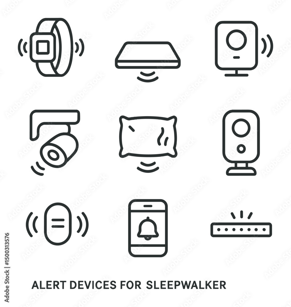Sleepwalker Alert Icons. Outline icon set of alert devices for sleepwalkers: wearable alarm bracelet, floor sensor mat, voice Sleepwalker Alert Icons. Outline icon set of alert devices for sleepwalkers: wearable alarm bracelet, floor sensor mat, voice