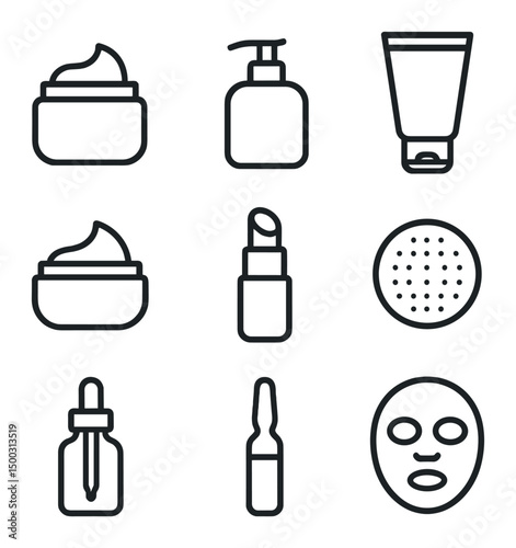 Skincare Icon Set. Outline icon set of skincare softness: moisturizer jar, lotion pump, balm tube, facial cream, lip balm, cotton