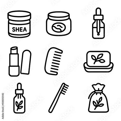 Natural Cosmetics Icons. Outline icon set of natural cosmetics: shea butter jar, clay mask pot, essential oil dropper, lip balm
