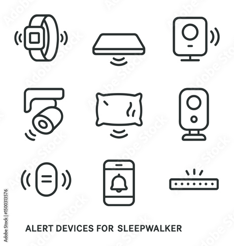 Sleepwalker Alert Icons. Outline icon set of alert devices for sleepwalkers: wearable alarm bracelet, floor sensor mat, voice