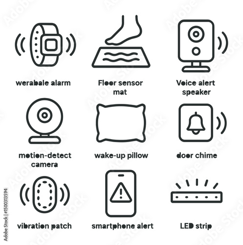 Sleepwalker Alert Icons. Outline icon set of alert devices for sleepwalkers: wearable alarm bracelet, floor sensor mat, voice