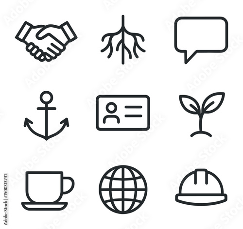 Networking Icon Set. Outline icon set of networking while staying grounded: handshake, root network, speech bubble, anchor,