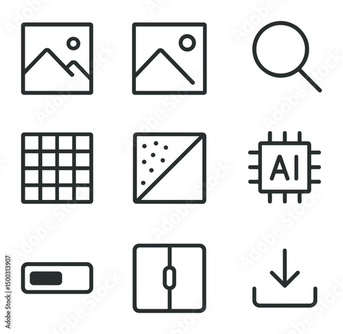 Smart Image Upscaling Icons. Outline icon set of smart image upscaling: low-res icon, high-res icon, magnifying glass,