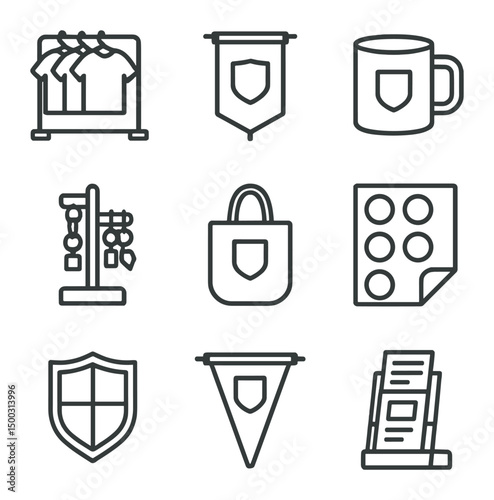 Souvenir Icon Collection. Outline icon set of souvenir and merchandise: t-shirt rack, banner flag, mug with logo, keychain stand,