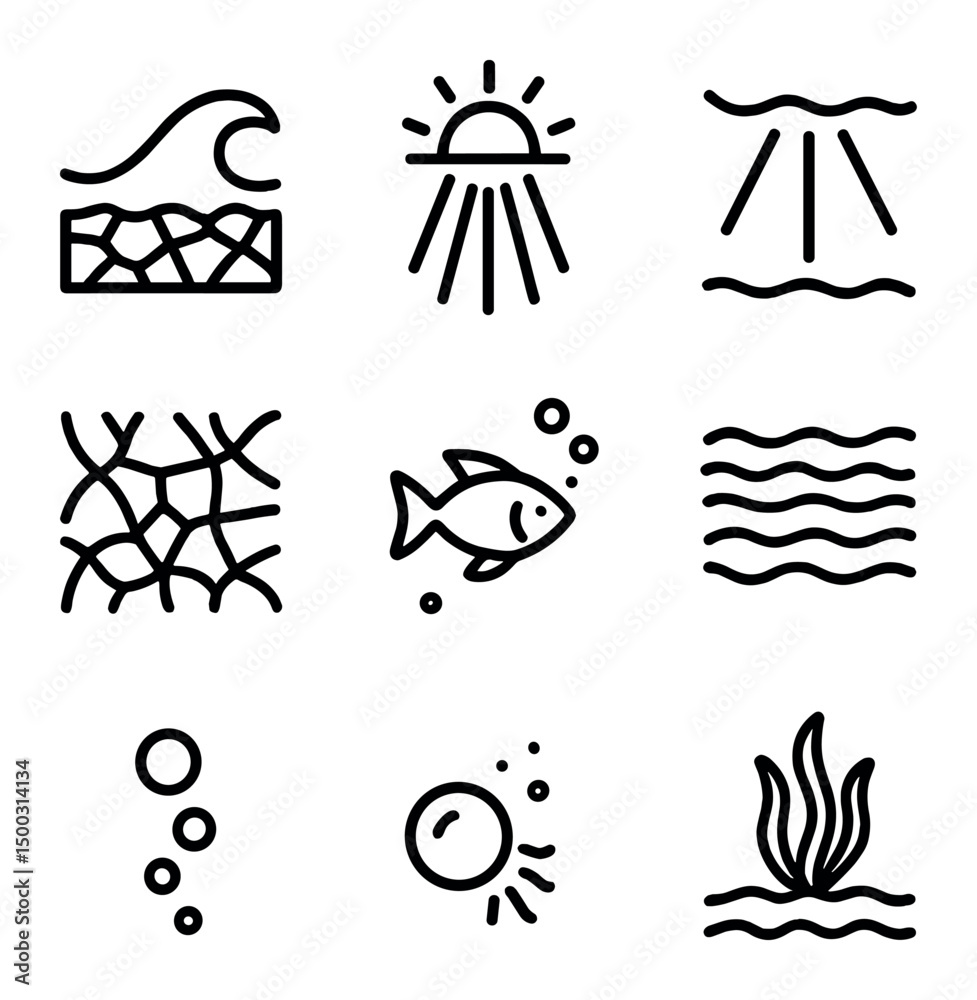 Fototapeta premium Ocean Light Icons. Outline icon set of sunlight filtering through wave surface: wave crest, caustic pattern, sunbeam, sand bottom,