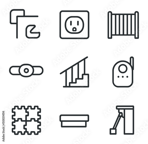 Nursery Safety Icons. Outline icon set of nursery room safety: corner guards, outlet cover, safety gate, cabinet lock, staircase