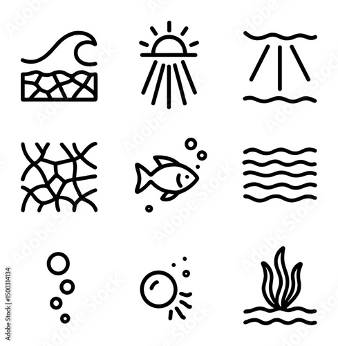 Ocean Light Icons. Outline icon set of sunlight filtering through wave surface: wave crest, caustic pattern, sunbeam, sand bottom,