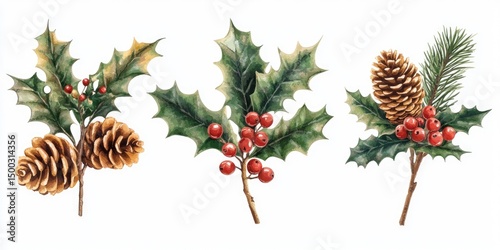Watercolor illustration of three sprigs of holiday greenery, featuring holly leaves, pine cones, and red berries