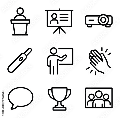 Student Presentation Icons. Outline icon set of student presentations: podium, presentation slide, projector, laser pointer,