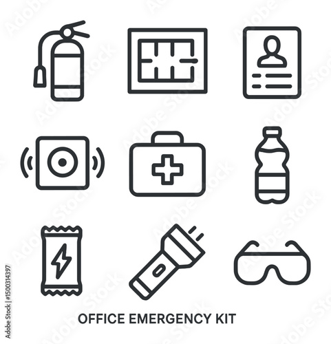 Office Emergency Kit Icons. Outline icon set of office emergency kit: desktop fire extinguisher, evacuation plan, emergency