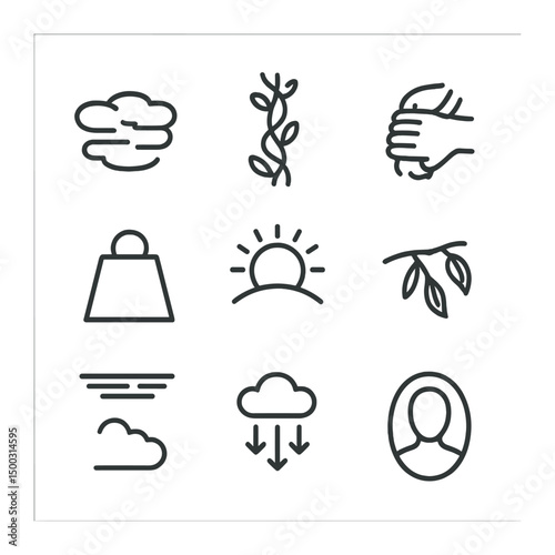 Oppressive Air Icons. Outline icon set of oppressive air sensations: heavy fog, choking vines, suffocating hands, weight cloud,