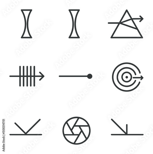 Optics Icon Set. Outline icon set of optics: convex lens, concave mirror, prism dispersion, diffraction grating, laser beam,