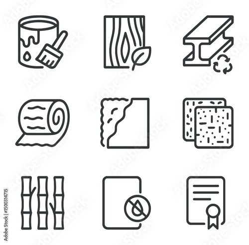 Sustainable Building Icons. Outline icon set of healthy building materials: low-VOC paint, FSC wood plank, recycled steel beam,