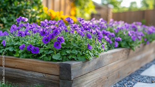 Cup Flower Nierembergia scoparia violet blossoms a raised flower bed wooden planter boxes and vibrant garden layout under full sun photo