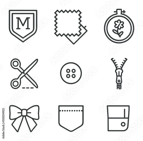 Outfit Customization Icons. Outline icon set of outfit customization: monogram patch, fabric swatch, embroidery hoop, hemming