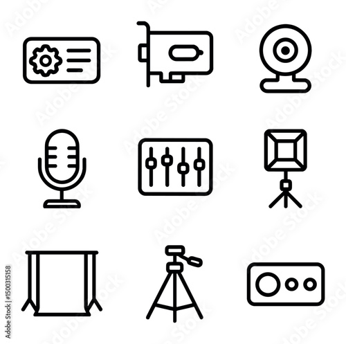 Tech Icon Set. Outline icon set of encoding and hardware: encoder, capture card, webcam, microphone, audio mixer, lighting kit,