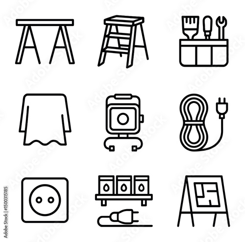Painter's Workspace Icons. Outline icon set of painter’s workspace setup: workbench table, step stool, tool organizer, drop sheet,