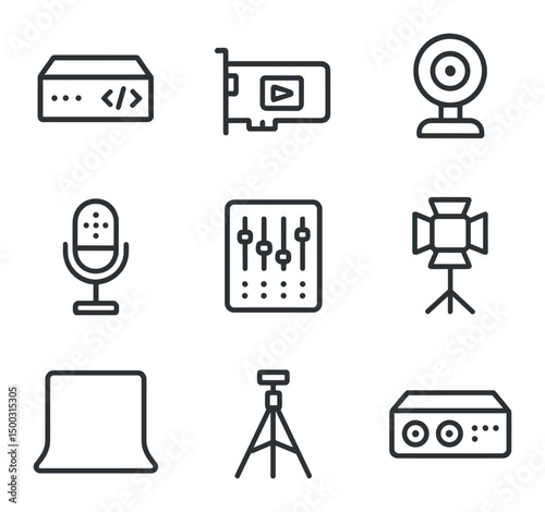 Tech Icon Set. Outline icon set of encoding and hardware: encoder, capture card, webcam, microphone, audio mixer, lighting kit,