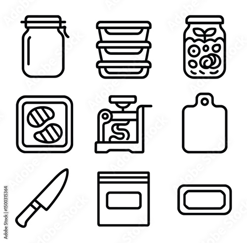 Paleo Meal Prep Icons. Outline icon set of paleo meal prep essentials: glass storage jar, meal container stack, mason jar salad,