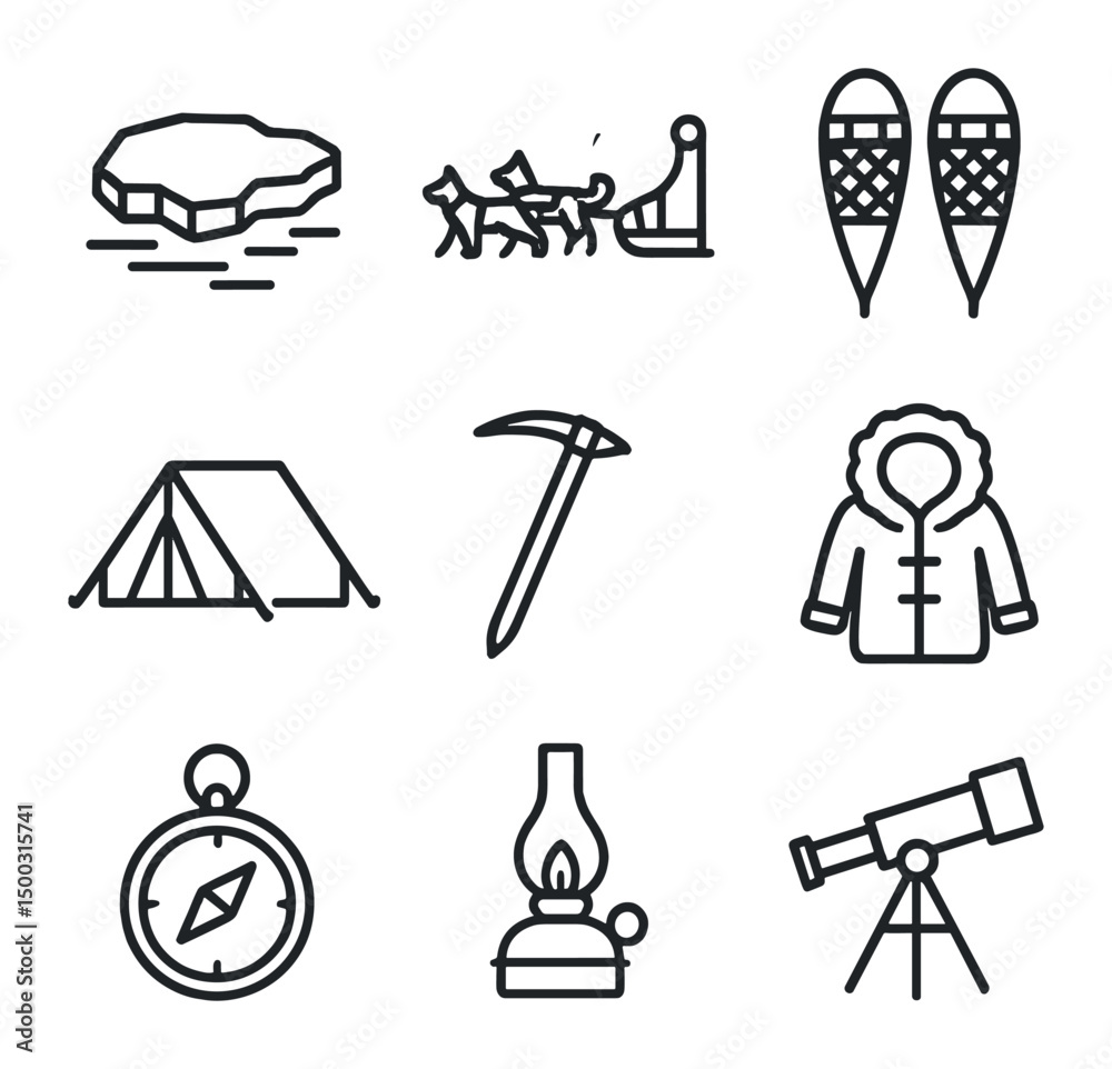 Obraz premium Polar Expedition Icons. Outline icon set of polar expeditions: ice floe, sled dog team, snowshoes, cold-weather tent, ice axe, fur