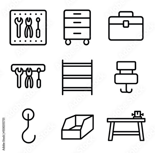 Tool Storage Icons. Outline icon set of tool storage and organization: pegboard, tool chest, toolbox, magnetic strip, shelving