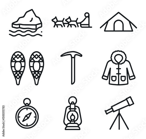 Polar Expedition Icons. Outline icon set of polar expeditions: ice floe, sled dog team, snowshoes, cold-weather tent, ice axe, fur