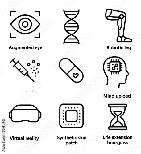 Transhumanist Icon Set. Outline icon set of transhumanist visions: augmented eye, genetic helix, robotic leg, nano injection,