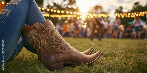 Embroidered cowboy boots on grass at a festival